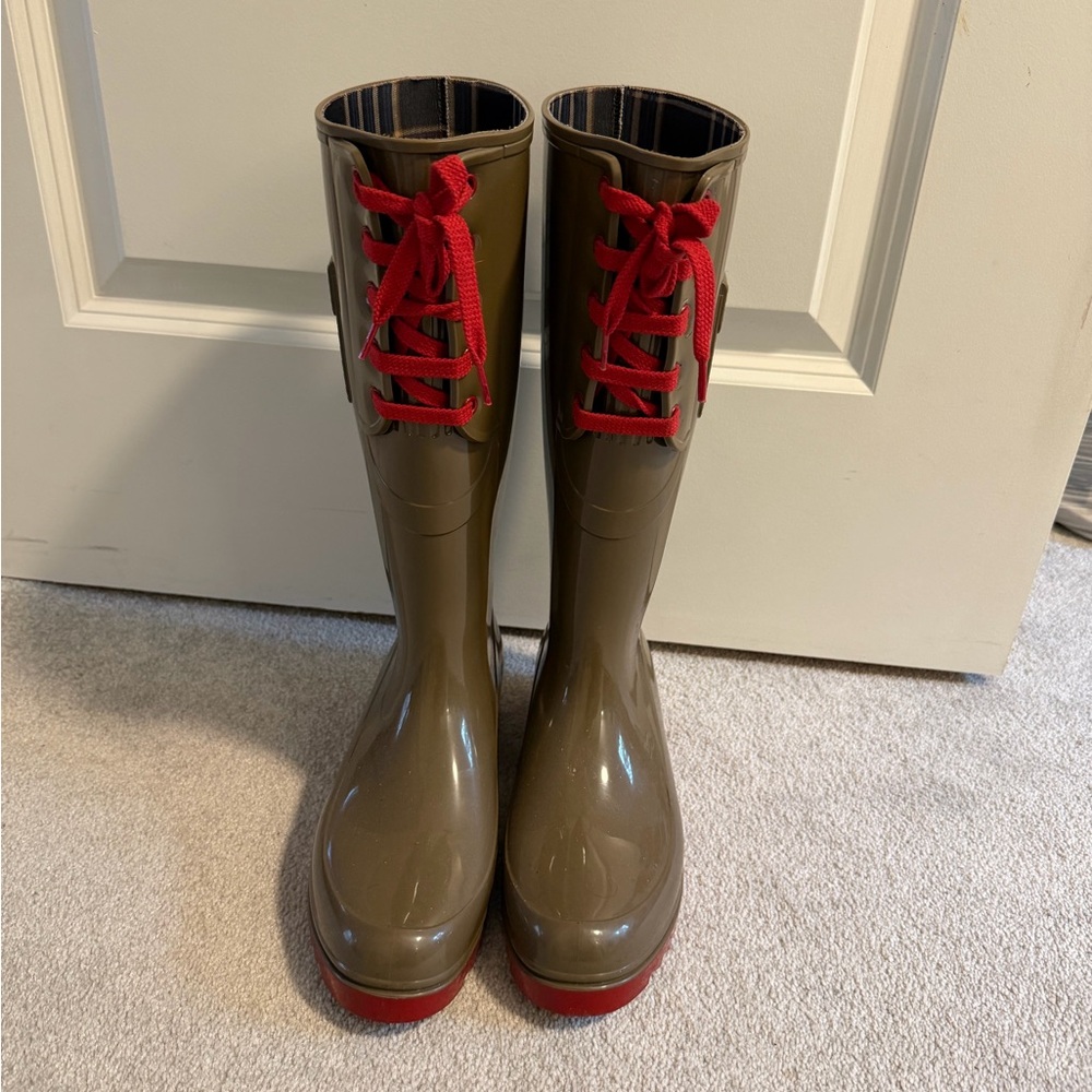 See by Chloe Olive Green Rain Boots with Red Laces